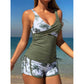 Set Tankini cu Talie Înaltă și Imprimeu Tropical și Șorturi