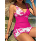 Set Tankini cu Talie Înaltă și Imprimeu Tropical și Șorturi