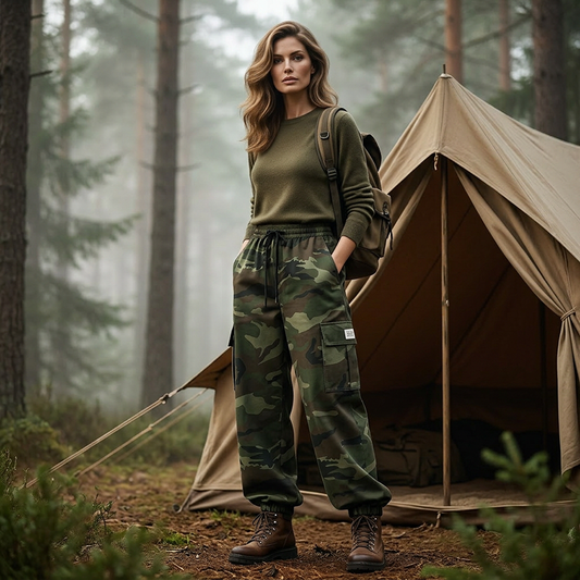 Pantaloni Casual Camuflați pentru Femei cu Șnur