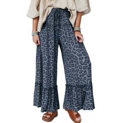 Pantaloni largi pentru femei cu imprimeu leopard și volan la tiv