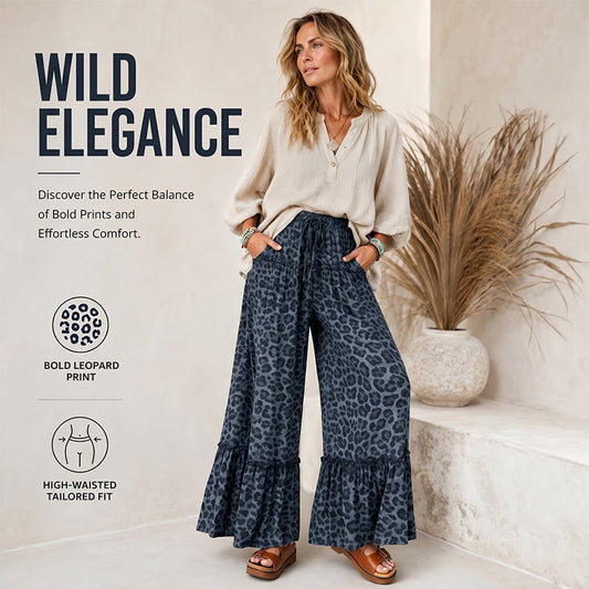 Pantaloni largi pentru femei cu imprimeu leopard și volan la tiv