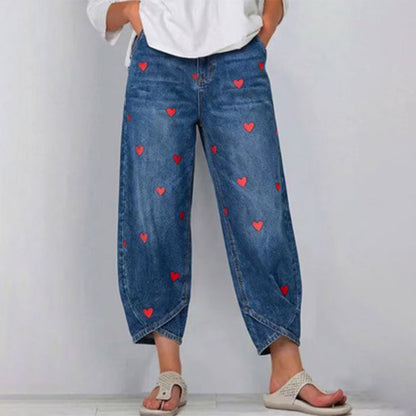 Blugi Denim Evazați cu Imprimeu Inimă pentru Femei