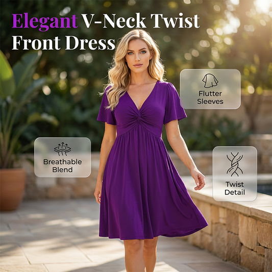 Rochie elegantă cu decolteu în V și răsucire în față, cu buzunare