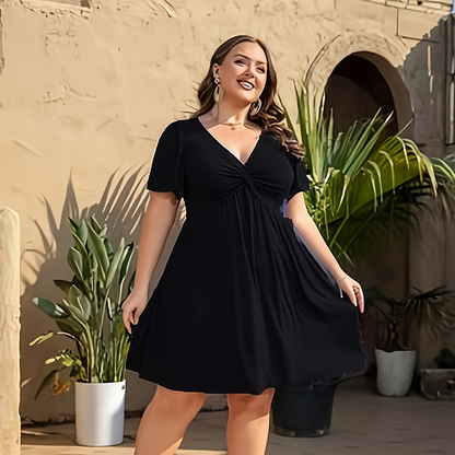 Rochie elegantă cu decolteu în V și răsucire în față, cu buzunare