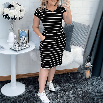 Rochie de vară cu dungi pentru femei, cu buzunare
