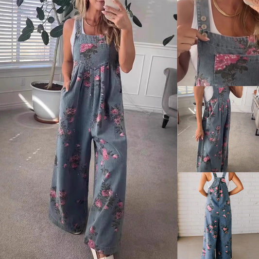 Salopetă din Denim cu Imprimeu, Casual pentru Femei