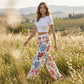 Pantaloni palazzo cu imprimeu floral pentru femei, cu talie largă