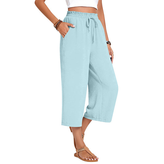 Pantaloni Capri din bumbac și in, cu talie largă, pentru femei