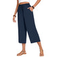 Pantaloni Capri din bumbac și in, cu talie largă, pentru femei