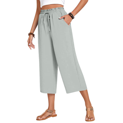 Pantaloni Capri din bumbac și in, cu talie largă, pentru femei