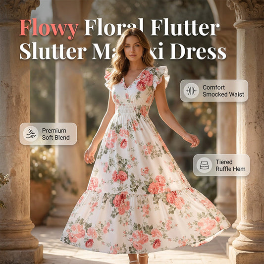 Rochie maxi pentru femei, cu decolteu în V, mâneci flutter și imprimeu floral