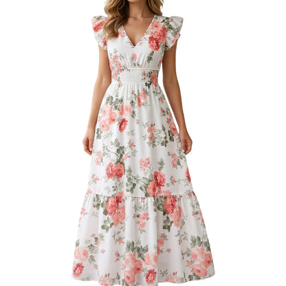Rochie maxi pentru femei, cu decolteu în V, mâneci flutter și imprimeu floral