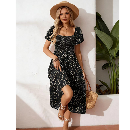 Rochie midi cu gât pătrat, smocuri și imprimeu floral pentru femei