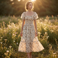 Rochie midi cu gât pătrat, smocuri și imprimeu floral pentru femei