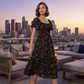 Rochie midi cu gât pătrat, smocuri și imprimeu floral pentru femei