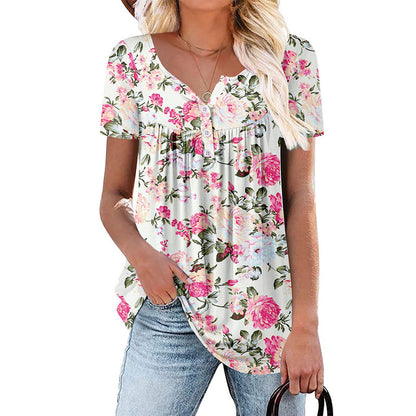 Bluză casual pentru femei, cu imprimeu floral, lejeră și cu nasturi