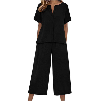 Set de top cu mânecă scurtă și pantaloni evazați pentru femei