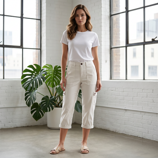 Pantaloni Capri Cargo Casual pentru Femei cu Buzunare