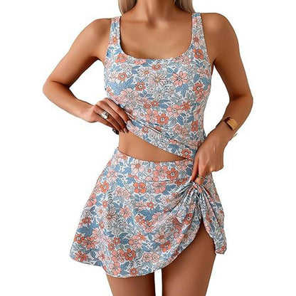 Costum de baie format din top tip maiou și fustă cu legături laterale