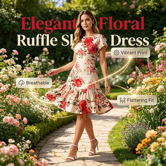 Rochie elegantă cu imprimeu floral și volan la tiv