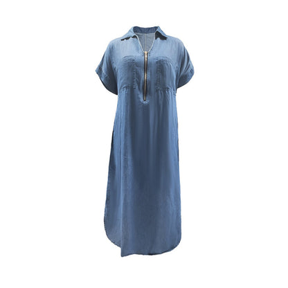 Rochie denim maxi cu decolteu în V și fermoar pentru femei