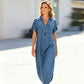 Rochie denim maxi cu decolteu în V și fermoar pentru femei