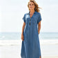 Rochie denim maxi cu decolteu în V și fermoar pentru femei