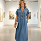 Rochie denim maxi cu decolteu în V și fermoar pentru femei