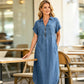 Rochie denim maxi cu decolteu în V și fermoar pentru femei
