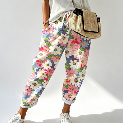 Pantaloni casual pentru femei, cu imprimeu floral și șnur