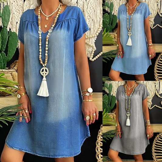 Rochie de damă din denim, cu decolteu în V și mânecă scurtă
