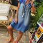 Rochie de damă din denim, cu decolteu în V și mânecă scurtă