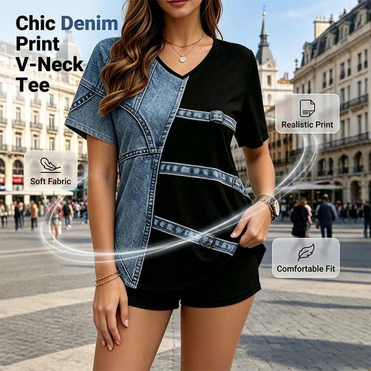 Tricou pentru femei, cu imprimeu șic denim și decolteu în V