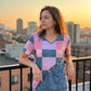 Tricou pentru femei, cu imprimeu șic denim și decolteu în V