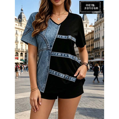Tricou pentru femei, cu imprimeu șic denim și decolteu în V