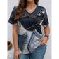 Tricou pentru femei, cu imprimeu șic denim și decolteu în V