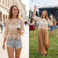 Bluză boho croșetată, cu tiv franjurat și detalii ajurate