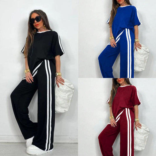 Set de top cu dungi și pantaloni cu talie largă pentru femei