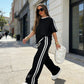 Set de top cu dungi și pantaloni cu talie largă pentru femei