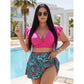 Costum de baie pentru femei, două piese, cu imprimeu tropical și fustă