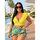 Costum de baie pentru femei, două piese, cu imprimeu tropical și fustă