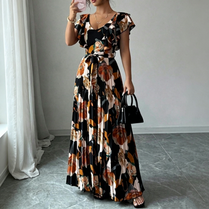 Rochie maxi plisată cu imprimeu floral retro pentru femei