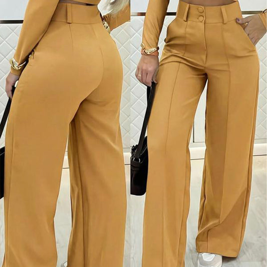 Pantaloni pentru femei, talie înaltă, picior larg, culoare uni