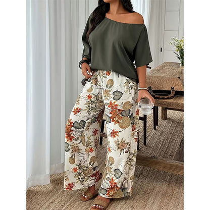 Set de 2 piese: Bluză cu umerii goi și pantaloni imprimați pentru femei