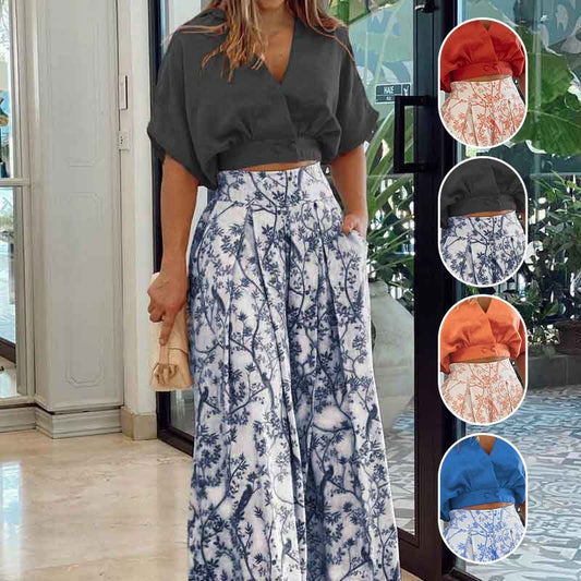 🌷Set elegant pentru doamne din două piese 【Bluză cu decolteu în V și pantaloni cu picior larg】