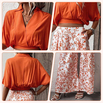🌷Set elegant pentru doamne din două piese 【Bluză cu decolteu în V și pantaloni cu picior larg】