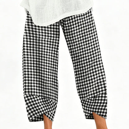 Pantaloni casual pentru femei, cu model caro și patchwork, lungime până la gleznă