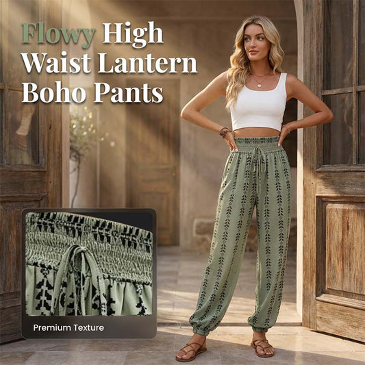 Pantaloni pentru femei cu talie înaltă, cu elastic și imprimeu, tip lanternă
