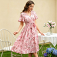Rochie pentru femei cu imprimeu floral, talie cu șnur și mâneci cu volane