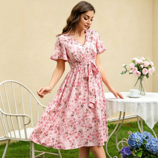 Rochie pentru femei cu imprimeu floral, talie cu șnur și mâneci cu volane